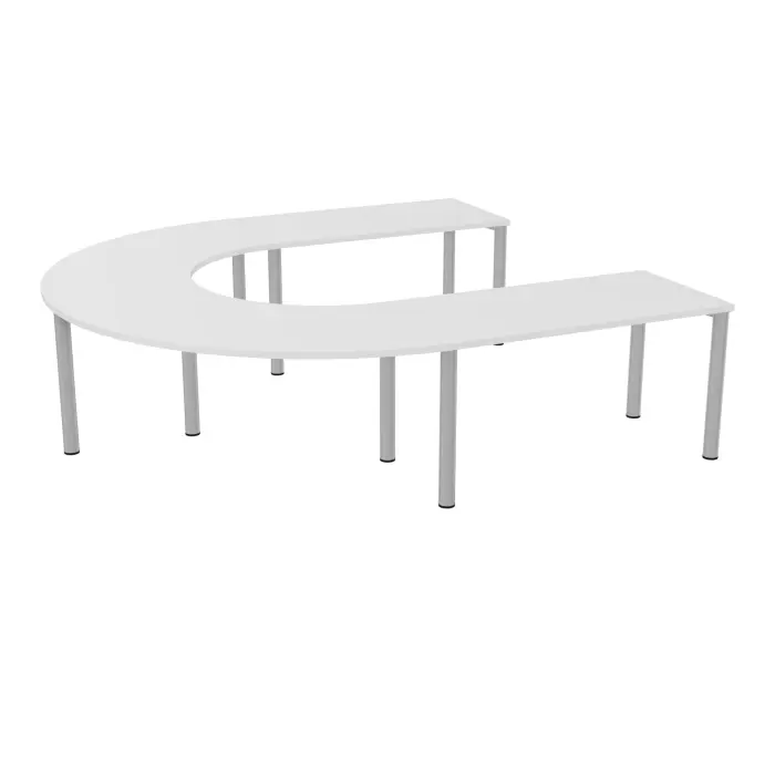Table U Modulo 10 personnes L. 275 cm x P. 270 cm mélamine blanc neige épaisseur 30mm 2 plateaux droits L. 140 cm + 2 plateaux angle 90° L. 135 cm prépercés 6 obturateurs 10 pieds Ø70 métal lisse gris aluminium