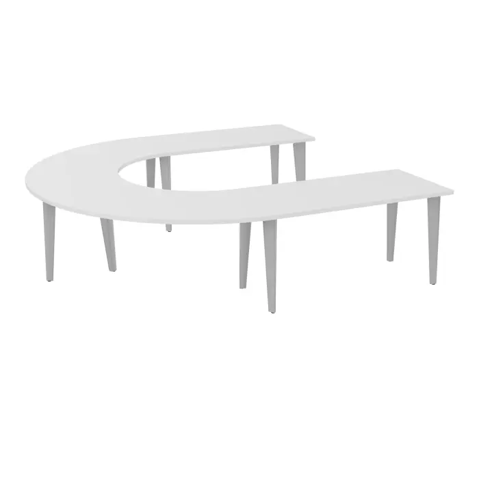 Table U Modulo 10 personnes L. 275 cm x P. 270 cm mélamine blanc neige épaisseur 30mm 2 plateaux droits L. 140 cm + 2 plateaux angle 90° L. 135 cm prépercés 6 obturateurs 10 pieds métal lisse gris aluminium