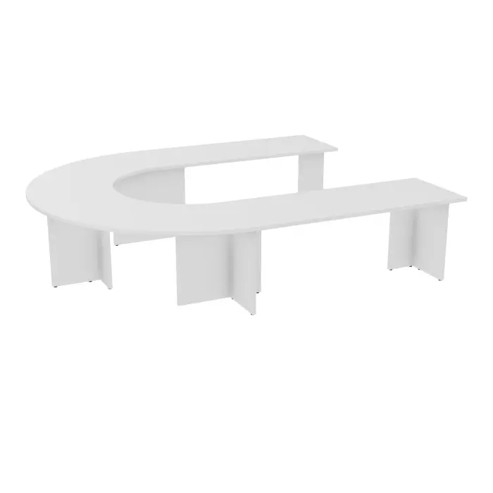 Table U Modulo 12 personnes L. 315 cm x P. 270 cm mélamine blanc neige épaisseur 30mm 2 plateaux droits L. 180 cm + 2 plateaux angle 90° L. 135 cm prépercés 6 obturateurs 5 pieds panneaux mélamine blanc neige