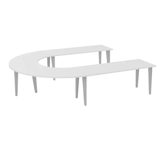 Table U Modulo 12 personnes L. 315 cm x P. 270 cm mélamine blanc neige épaisseur 30mm 2 plateaux droits L. 180 cm + 2 plateaux angle 90° L. 135 cm prépercés 6 obturateurs 10 pieds métal lisse gris aluminium
