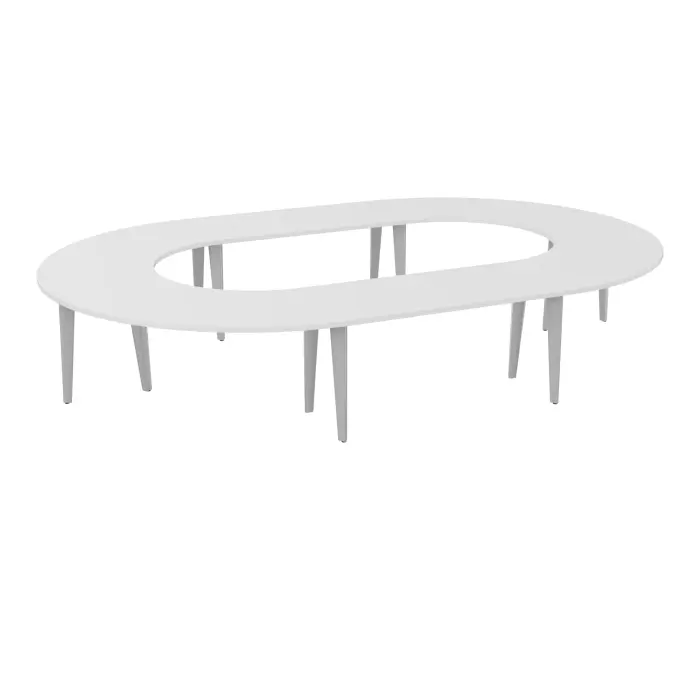 Table U fermée Modulo 16 personnes L. 410 cm x P. 270 cm épaisseur 30mm 2 plateaux droits L. 140 cm + 4 plateaux angle 90° L. 135 cm prépercés 8 obturateurs 10 pieds métal lisse gris aluminium