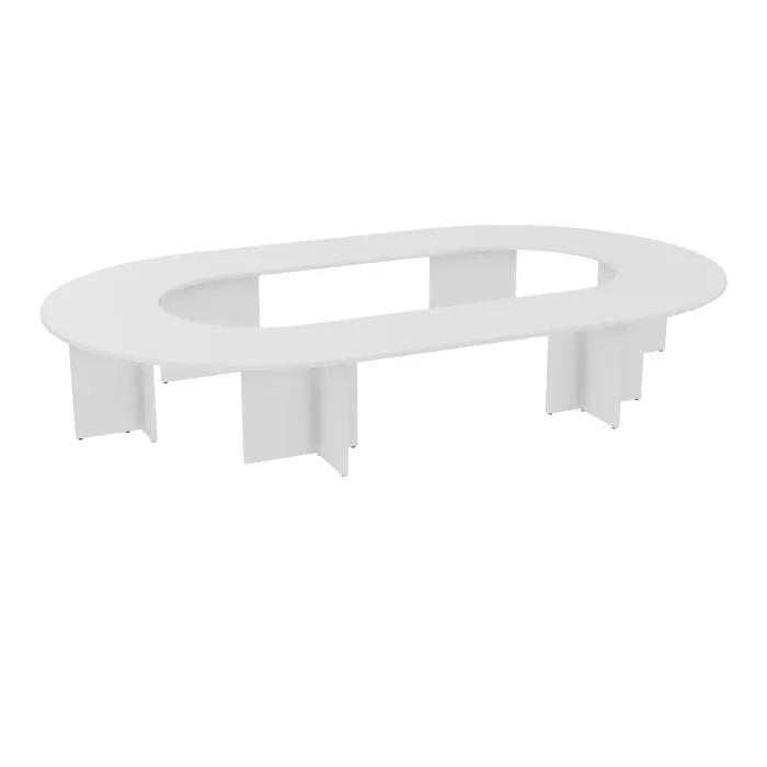 Table U fermée Modulo 18 personnes L. 450 cm x P. 270 cm épaisseur 30mm 2 plateaux droits L. 180 cm + 4 plateaux angle 90° L. 135 cm prépercés 8 obutrateurs 6 pieds panneaux mélamine blanc neige