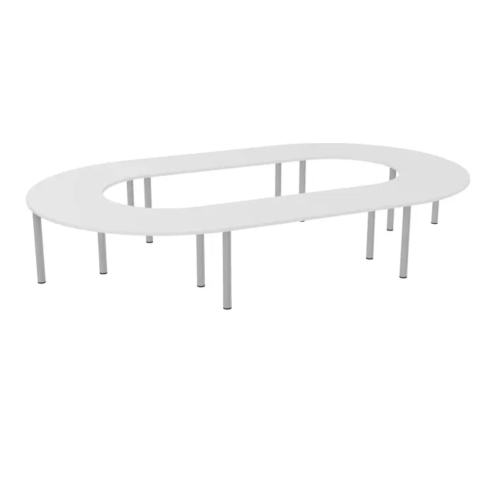Table U fermée Modulo 18 personnes L. 450 cm x P. 270 cm épaisseur 30mm 2 plateaux droits L. 180 cm + 4 plateaux angle 90° L. 135 cm prépercés 8 obutrateurs 12 pieds Ø70 métal lisse gris aluminium