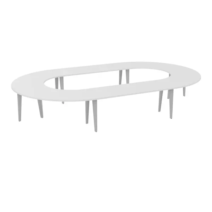 Table U fermée Modulo 18 personnes L. 450 cm x P. 270 cm épaisseur 30mm 2 plateaux droits L. 180 cm + 4 plateaux angle 90° L. 135 cm prépercés 8 obutrateurs 12 pieds métal lisse gris aluminium