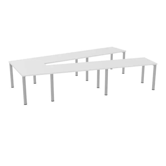 Table V fermée Modulo 10 personnes L. 356 cm x P. 234 cm épaisseur 30mm 4 plateaux droits L. 140 cm + 1 plateau trapèze extérieur prépercés 9 obutrateurs 12 pieds Ø70 métal lisse gris aluminium