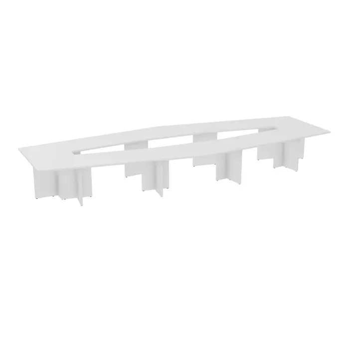Table losange Modulo 16 personnes L. 577 cm x P. 217/142,5 cm mélamine blanc neige épaisseur 30mm 4 plateaux droits L. 140 cm + 2 plateaux trapèze intérieur + 2 plateaux exterieur prépercé 14 obturateurs 10 pie