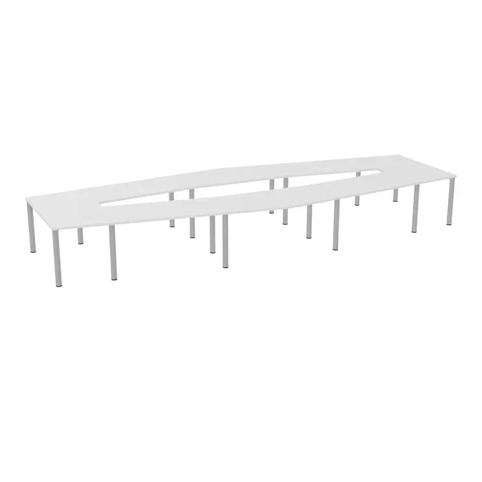 Table losange Modulo 16 personnes L. 577 cm x P. 217/142,5 cm mélamine blanc neige épaisseur 30mm 4 plateaux droits L. 140 cm + 2 plateaux trapèze intérieur + 2 plateaux exterieur prépercé 14 obturateurs 16 pie