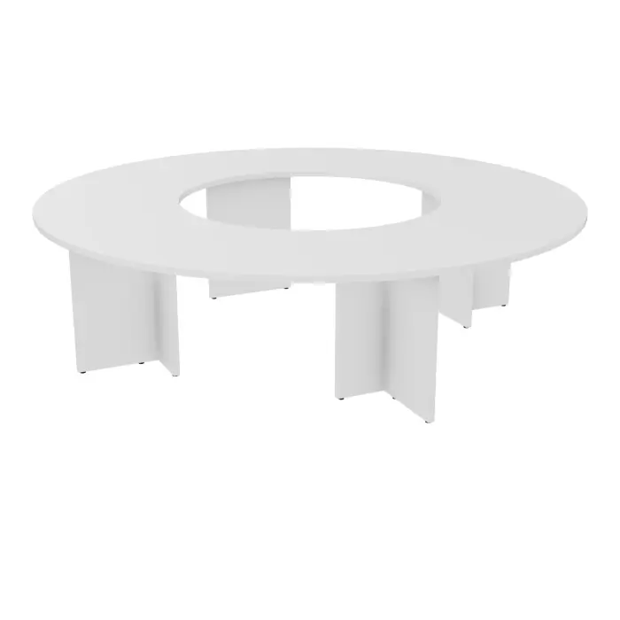 Table ronde Modulo 12 personnes Ø270 cm mélamine blanc neige épaisseur 30mm 4 plateaux angle 90° L. 135 cm prépercés 4 obturateurs 4 pieds panneaux mélamine blanc neige