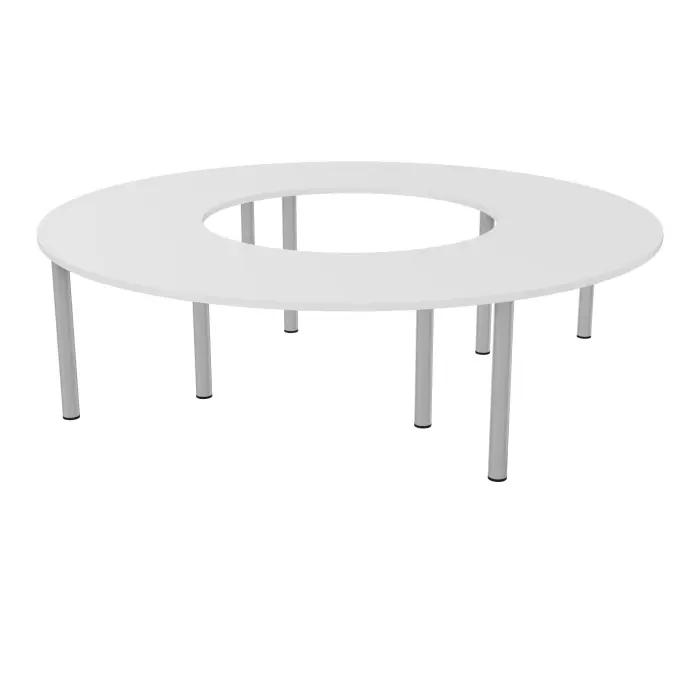 Table ronde Modulo 12 personnes Ø270 cm mélamine blanc neige épaisseur 30mm 4 plateaux angle 90° L. 135 cm prépercés 4 obturateurs 8 pieds Ø70 métal lisse gris aluminium