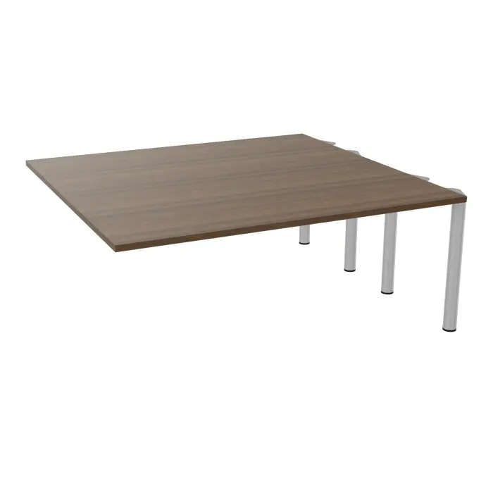 Kit extension Modulo pour tables élliptiques 6 personnes L. 180 cm x P. 170 cm mélamine noyer brun prépercés 4 obturateurs 4 pieds Ø70 métal lisse gris aluminium