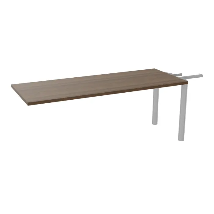 Extension Modulo 3 personnes L. 180 x P. 70 cm mélamine noyer brun épaisseur 30mm pour tables U,V losanges et rondes prépercé 2 obturateurs 2 pieds Ø70 métal lisse gris aluminium