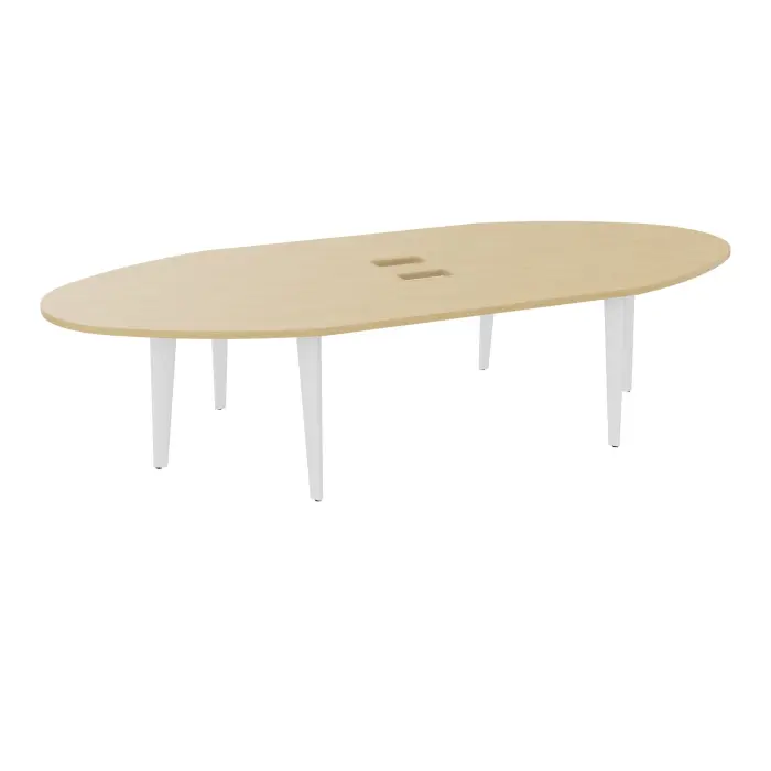 Table ovale Modulo 10 personnes L. 320 cm x P. 140 cm mélamine Chêne naturel epaisseur 30mm 2 plateaux droits L. 140 cm + 2 plateaux ellipses découpés pour 4 trappes + goulottes 6 pieds métal lisse blanc