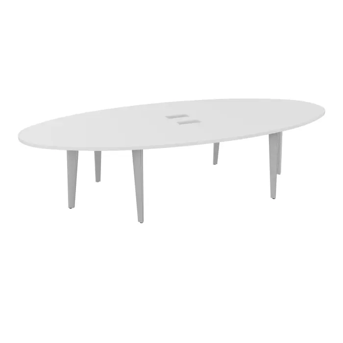 Table elliptique Modulo 10 personnes L. 320 cm x P. 156 cm mélamine blanc neige épaisseur 30mm 2 plateaux courbés symétriques L. 140 cm + 2 plateaux éllipses découpés pour 4 trappes + goulottes 6 pieds métal li
