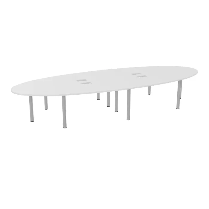Table elliptique Modulo 14 personnes L. 460 cm x P. 170 cm mélamine blanc neige épaisseur 30mm 4 plateaux courbés symétriques L. 140 cm (2 gauches/2 droites) + 2 plateaux éllipses découpés pour 6 trappes + goul
