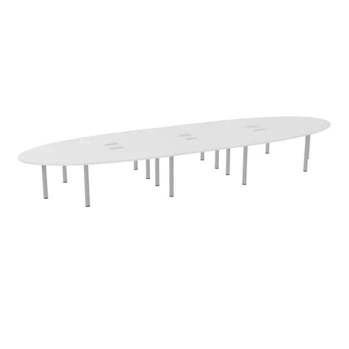 Table elliptique Modulo 18 personnes L. 600 cm x P. 170 cm mélamine blanc neige épaisseur 30mm 4 plateaux courbés symétriques L. 140 cm (2 gauches/2 droites) + 2 plateaux droits + 2 plateaux éllipses L. 140 cm
