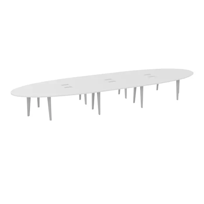 Table elliptique Modulo 18 personnes L. 600 cm x P. 170 cm mélamine blanc neige épaisseur 30mm 4 plateaux courbés symétriques L. 140 cm (2 gauches/2 droites) + 2 plateaux droits + 2 plateaux éllipses L. 140 cm