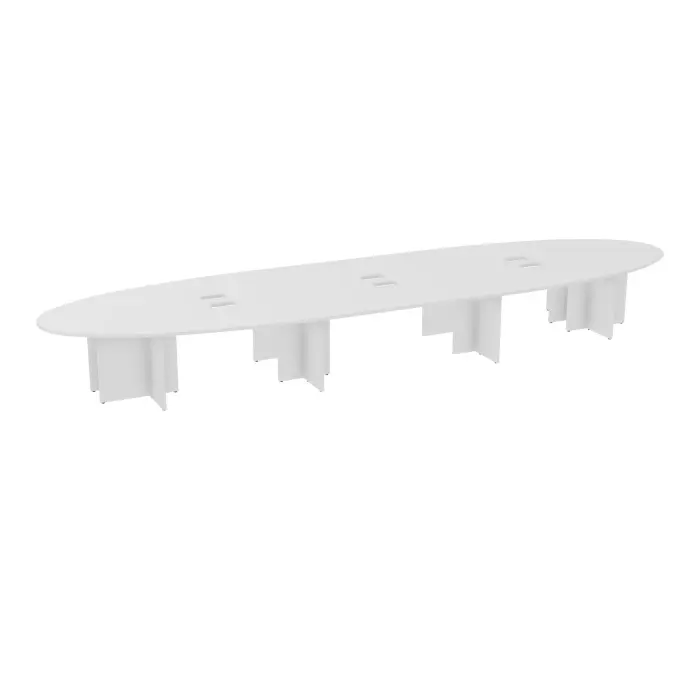 Table elliptique Modulo 20 personnes L. 640 cm x P. 170 cm mélamine blanc neige épaisseur 30mm 4 plateaux courbés symétriques L. 140 cm (2 gauches/2 droites) + 2 plateaux droits + 2 plateaux éllipses L. 180 cm