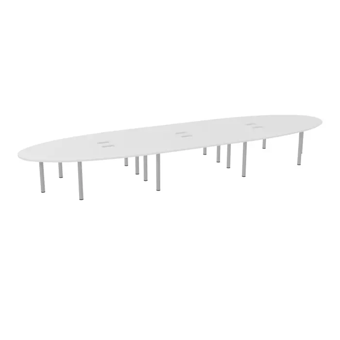Table elliptique Modulo 20 personnes L. 640 cm x P. 170 cm mélamine blanc neige épaisseur 30mm 4 plateaux courbés symétriques L. 140 cm (2 gauches/2 droites) + 2 plateaux droits + 2 plateaux éllipses L. 180 cm