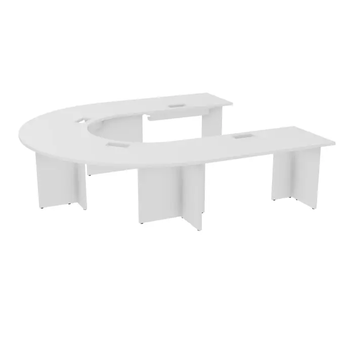 Table U Modulo 10 personnes L. 275 cm x P. 270 cm mélamine blanc neige épaisseur 30mm 2 plateaux droits L. 140 cm + 2 plateaux angle 90° L. 135 cm découpé pour 4 trappes + goulottes + guide câbles + 5 pieds pan
