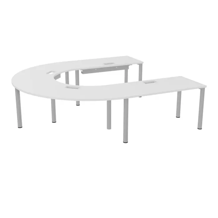 Table U Modulo 10 personnes L. 275 cm x P. 270 cm mélamine blanc neige épaisseur 30mm 2 plateaux droits L. 140 cm + 2 plateaux angle 90° L. 135 cm découpé pour 4 trappes + goulottes + guide câbles + 10 pieds Ø7
