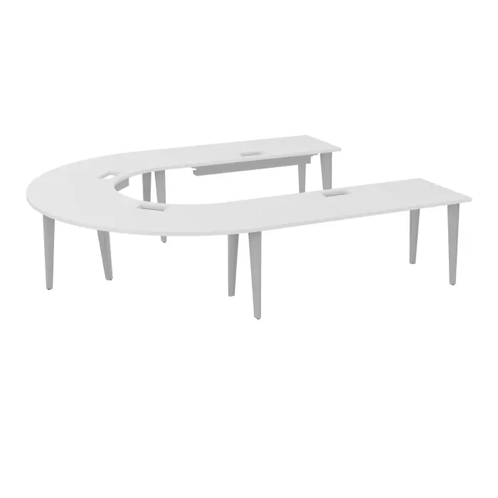 Table U Modulo 12 personnes L. 315 cm x P. 270 cm mélamine blanc neige épaisseur 30mm 2 plateaux droits L. 180 cm + 2 plateaux angle 90° L. 135 cm découpé pour 4 trappes + goulottes + guide câbles 10 pieds méta
