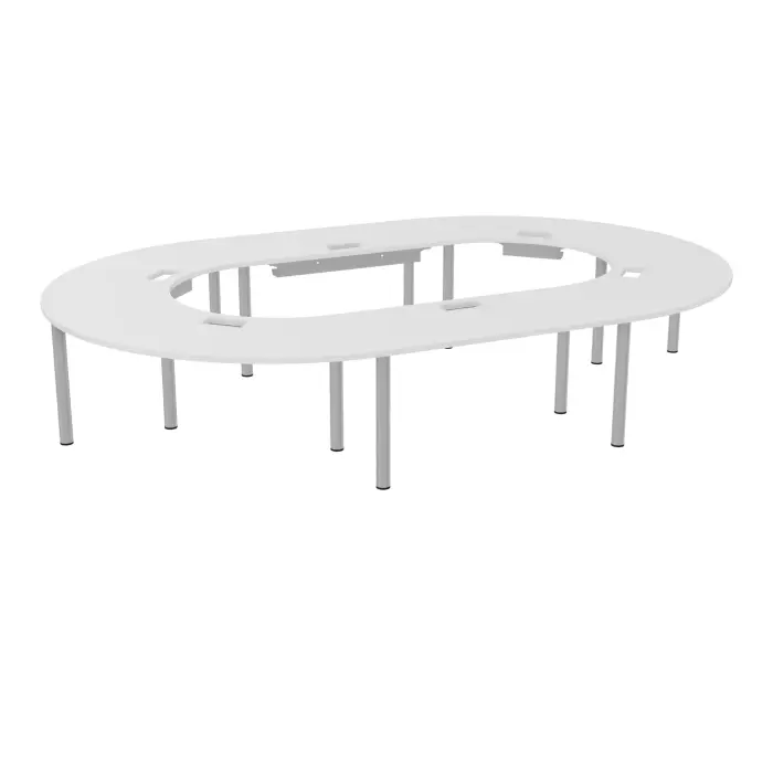 Table U fermée Modulo 16 personnes L. 410 cm x P. 270 cm épaisseur 30mm 2 plateaux droits L. 140 cm + 4 plateaux angle 90° L. 135 cm découpé pour 6 trappes + goulotte + guide câbles 12 pieds Ø70 métal lisse gri