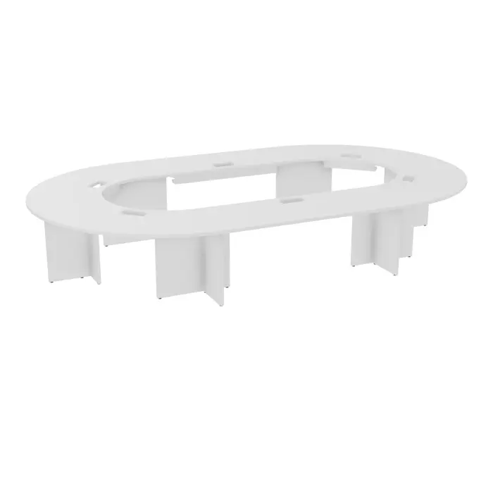 Table U fermée Modulo 18 personnes L. 450 cm x P. 270 cm épaisseur 30mm 2 plateaux droits L. 180 cm + 4 plateaux angle 90° L. 135 cm découpé pour 6 trappes + goulotte + guide câbles 6 pieds panneaux mélamine bl
