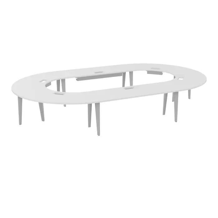 Table U fermée Modulo 18 personnes L. 450 cm x P. 270 cm épaisseur 30mm 2 plateaux droits L. 180 cm + 4 plateaux angle 90° L. 135 cm découpé pour 6 trappes + goulotte + guide câbles 12 pieds métal lisse gris al