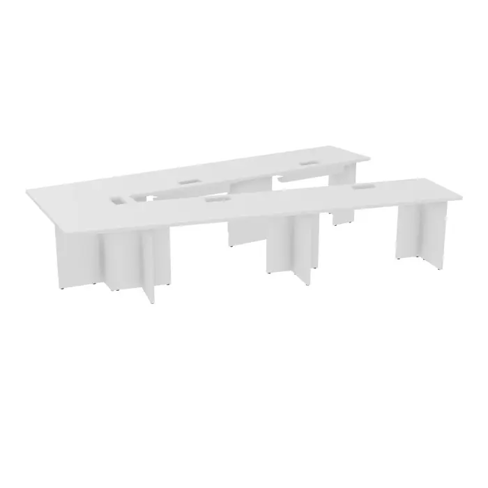 Table V fermée Modulo 10 personnes L. 356 cm x P. 234 cm épaisseur 30mm 4 plateaux droits L. 140 cm + 1 plateau trapèze extérieur découpé pour 5 trappes + goulotte + guide câbles 7 pieds panneaux mélamine blanc