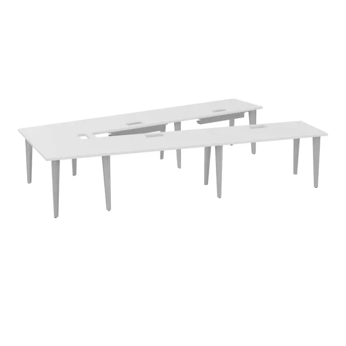 Table V fermée Modulo 10 personnes L. 356 cm x P. 234 cm épaisseur 30mm 4 plateaux droits L. 140 cm + 1 plateau trapèze extérieur découpé pour 5 trappes + goulotte + guide câbles 12 pieds métal lisse gris alumi