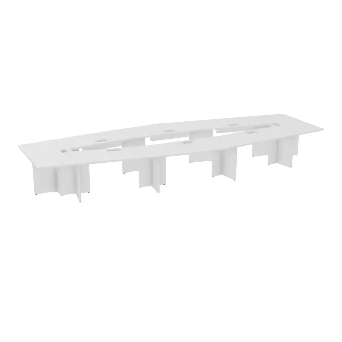Table losange Modulo 16 personnes L. 577 cm x P. 217/142,5 cm mélamine blanc neige épaisseur 30mm 4 plateaux droits L. 140 cm + 2 plateaux trapèze intérieur + 2 plateaux exterieur découpe pour 8 trappes + goulo