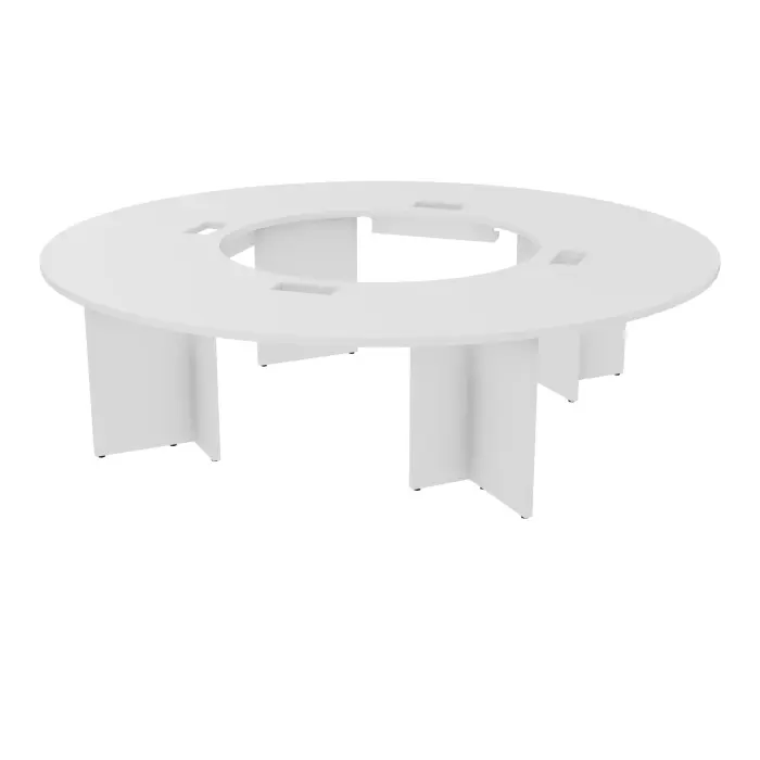 Table ronde Modulo 12 personnes Ø270 cm mélamine blanc neige épaisseur 30mm 4 plateaux angle 90° L. 135 cm découpé pour 4 trappes + goulottes + guide câbles 4 pieds panneaux mélamine blanc neige