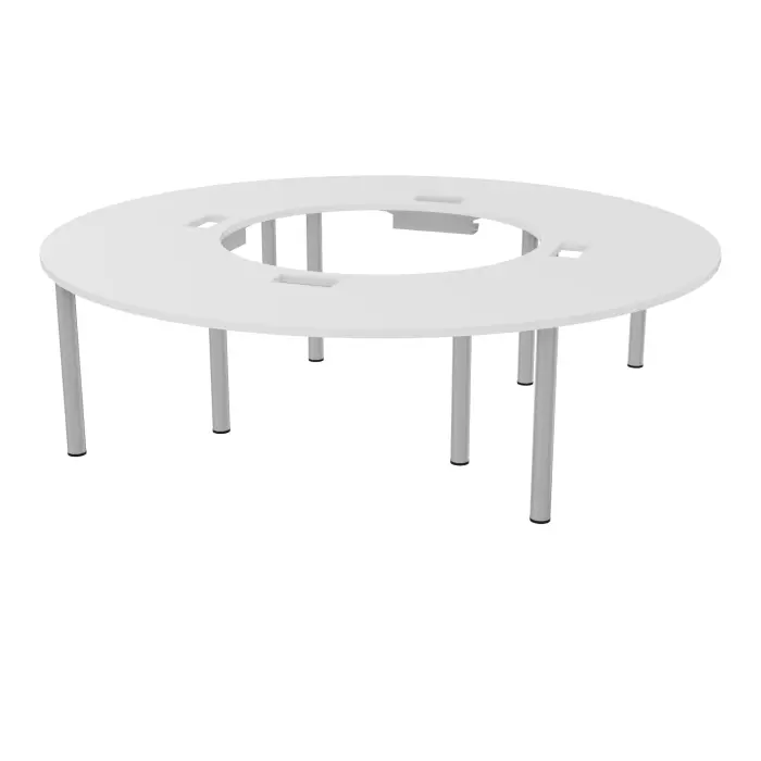 Table ronde Modulo 12 personnes Ø270 cm mélamine blanc neige épaisseur 30mm 4 plateaux angle 90° L. 135 cm découpé pour 4 trappes + goulottes + guide câbles 8 pieds Ø70 métal lisse gris aluminium
