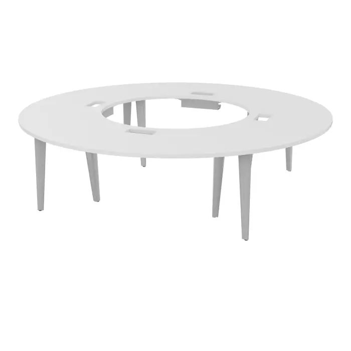 Table ronde Modulo 12 personnes Ø270 cm mélamine blanc neige épaisseur 30mm 4 plateaux angle 90° L. 135 cm découpé pour 4 trappes + goulottes + guide câbles 8 pieds métal lisse gris aluminium