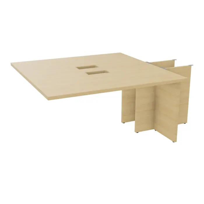 Kit extension Modulo pour tables ovales 4 personnes L. 140 cm x P. 140 cm mélamine Chêne naturel découpé pour 2 trappes + goulotte double 2 pieds panneaux mélamine Chêne naturel