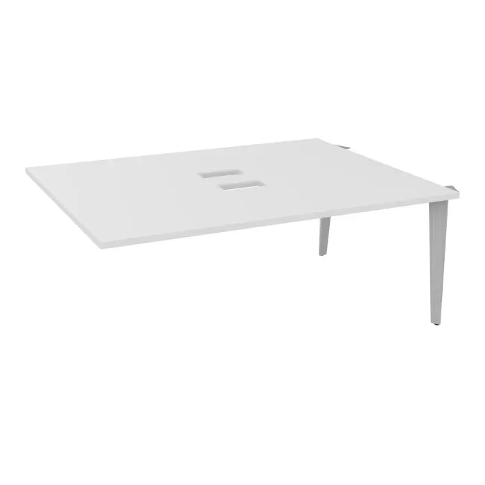 Kit extension Modulo pour tables ovales 6 personnes L. 180 cm x P. 140 cm mélamine blanc neige découpé pour 2 trappes + goulotte double 4 pieds métal lisse gris aluminium