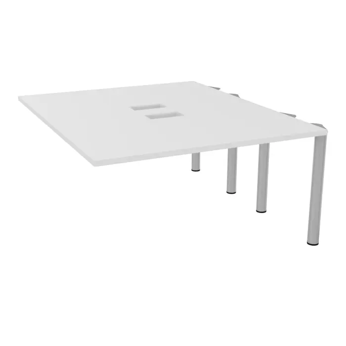 Kit extension Modulo pour tables élliptiques 4 personnes L. 140 cm x P. 170 cm mélamine blanc neige découpé pour 2 trappes + goulotte double 4 pieds Ø70 métal lisse gris aluminium