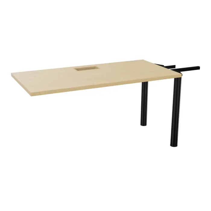 Extension Modulo 2 personnes L. 140 x P. 70 cm mélamine Chêne naturel épaisseur 30mm pour tables U,V losanges et rondes découpé 1 trappe + goulotte simple L. 110 cm + 1 guide câble 2 pieds Ø70 métal lisse noir