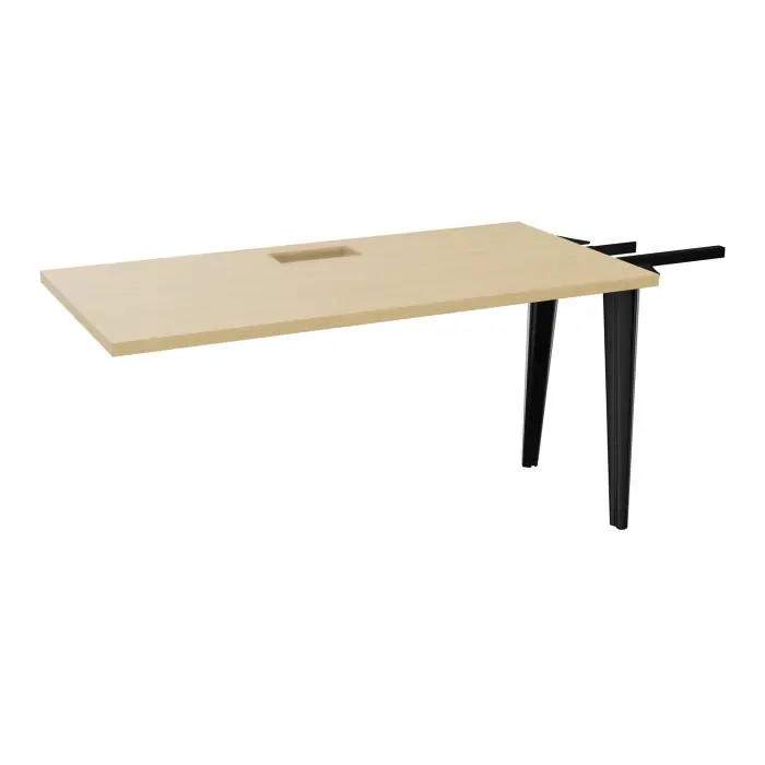 Extension Modulo 2 personnes L. 140 x P. 70 cm mélamine Chêne naturel épaisseur 30mm pour tables U,V losanges et rondes découpé 1 trappe + goulotte simple L. 110 cm + 1 guide câble 2 pieds métal lisse noir