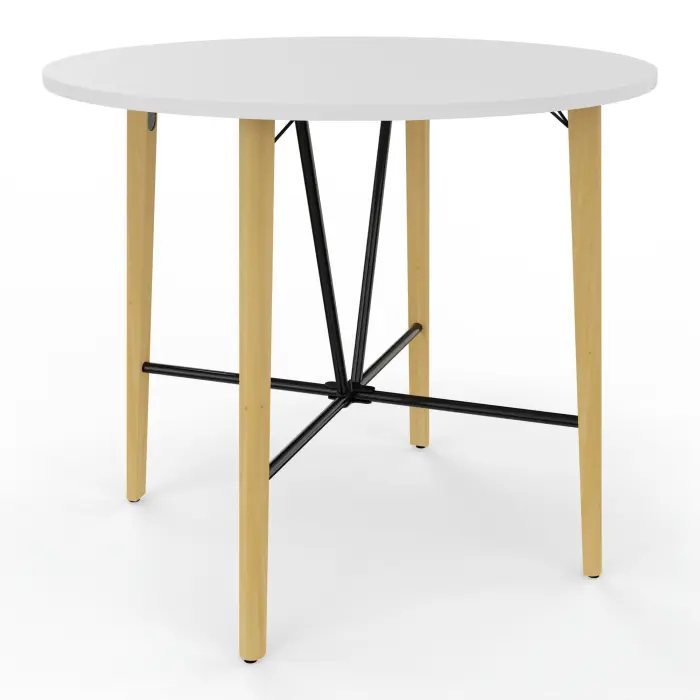 Robin table réunion D.120 cm x H. 104,5 cm mélamine blanc neige pré-percé obturateur au centre pieds métal lisse noir/bois hêtre massif vernis