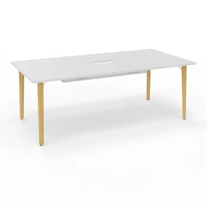 Robin table réunion L. 200 cm x P. 100 cm x H. 73,5 cm mélamine blanc neige percé trappe centrale double accès pieds métal lisse blanc/bois hêtre massif vernis + goulotte double