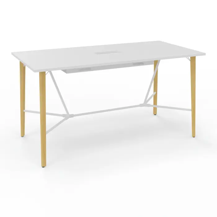 Robin table réunion L. 200 cm x P. 100 cm x H. 104,5 cm mélamine blanc neige percé trappe centrale double accès pieds métal lisse blanc/bois hêtre massif vernis + goulotte double