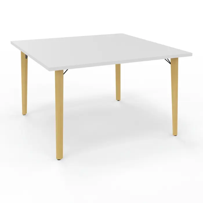 Robin table réunion L. 120 cm x P. 120 cm x H. 73,5 cm mélamine blanc neige pré-percé obturateur au centre pieds métal lisse noir/bois hêtre massif vernis