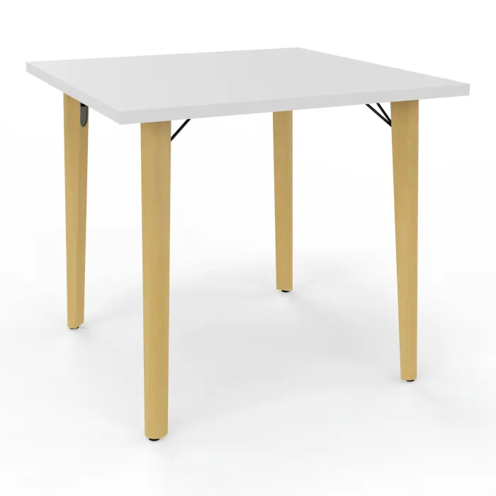 Robin table réunion L. 80 cm x P. 80 cm x H. 73,5 cm mélamine blanc neige pré-percé obturateur au centre pieds métal lisse noir/bois hêtre massif vernis
