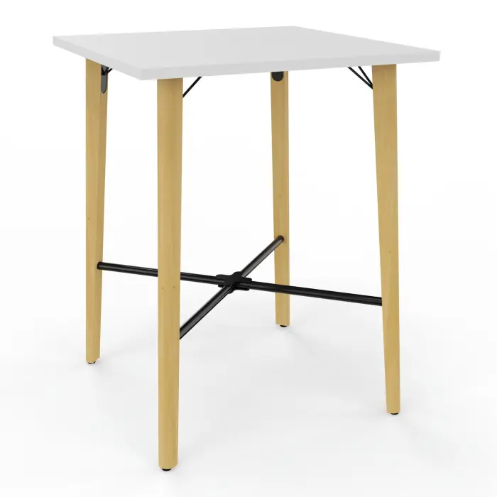 Robin table réunion L. 80 cm x P. 80 cm x H. 104,5 cm mélamine blanc neige pré-percé obturateur au centre pieds métal lisse noir/bois hêtre massif vernis