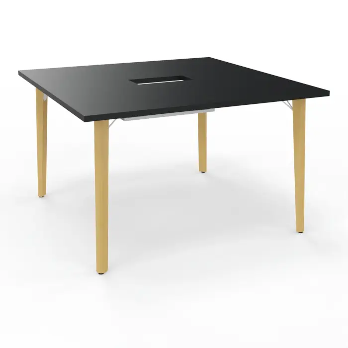 Robin table réunion L. 120 cm x P. 120 cm x H. 73,5 cm noir percé trappe centrale double accès métal lisse blanc/bois hêtre massif vernis + goulotte double