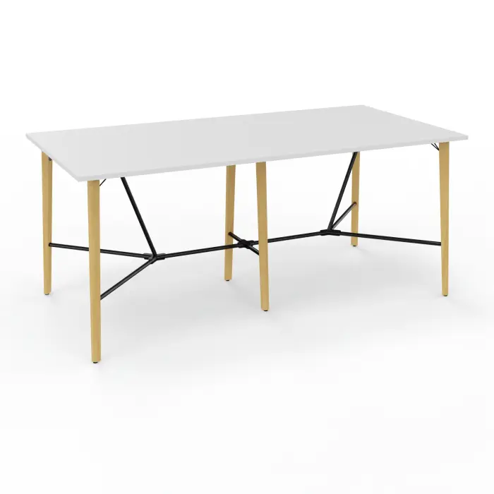Robin table réunion 8personnes L. 240 cm x P. 120 cm x H. 104,5 mélamine blanc neige pré-percé obturateur pieds métal lisse noir/bois hêtre massif vernis