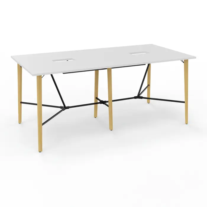 Robin table réunion 8personnes L. 240 cm x P. 120 cm x H. 104,5 mélamine blanc neige pré-percé trappe double accès pieds métal lisse noir/bois hêtre massif vernis