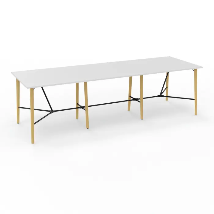 Robin table réunion 12personnes L. 360 cm x P. 120 cm x H. 104,5 mélamine blanc neige pré-percé obturateur pieds métal lisse noir/bois hêtre massif vernis