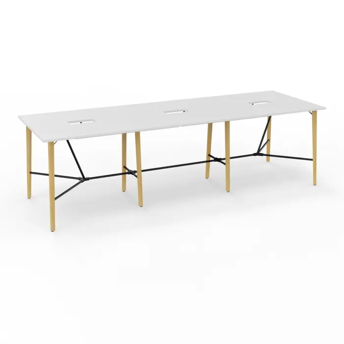 Robin table réunion 12personnes L. 360 cm x P. 120 cm x H. 104,5 mélamine blanc neige pré-percé trappe double accès pieds métal lisse noir/bois hêtre massif vernis